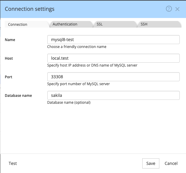 MySQL connection settings