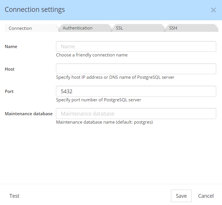 PostgreSQL connection settings