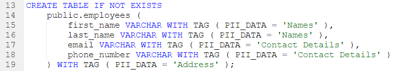 Snowflake table-level tag DDL example