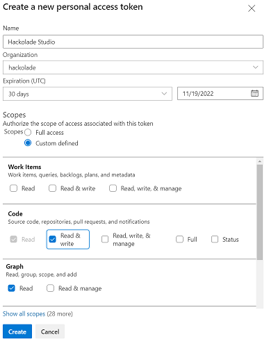 Worgroup - Azure DevOps Repos token form