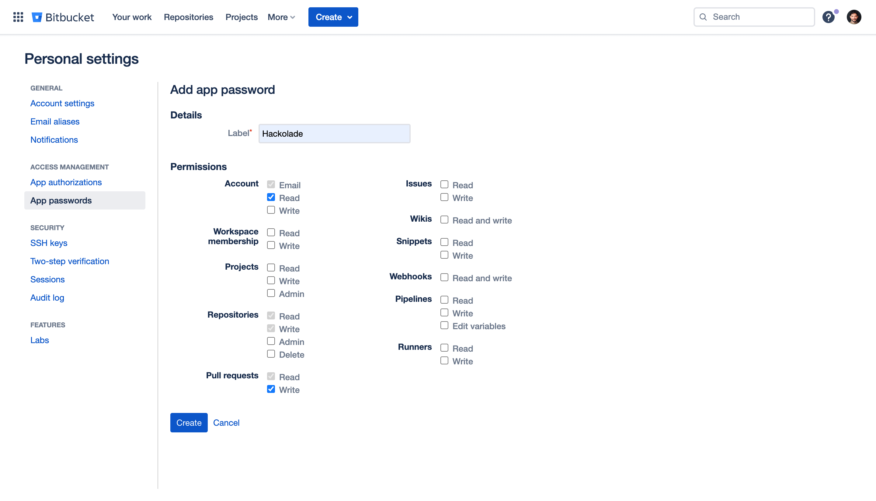 Workgroup - Bitbucket Cloud personal token