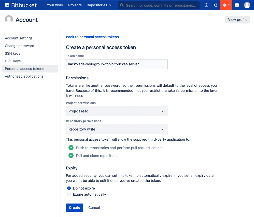 Workgroup - Bitbucket Server personal token